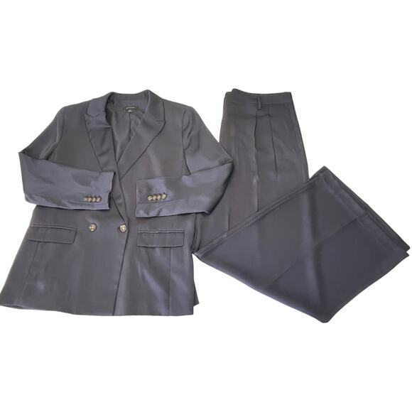 Ann Taylor Navy Blue Satin Blazer Matching Wide Leg Pant - Size Women's 14 - Picture 1 of 15